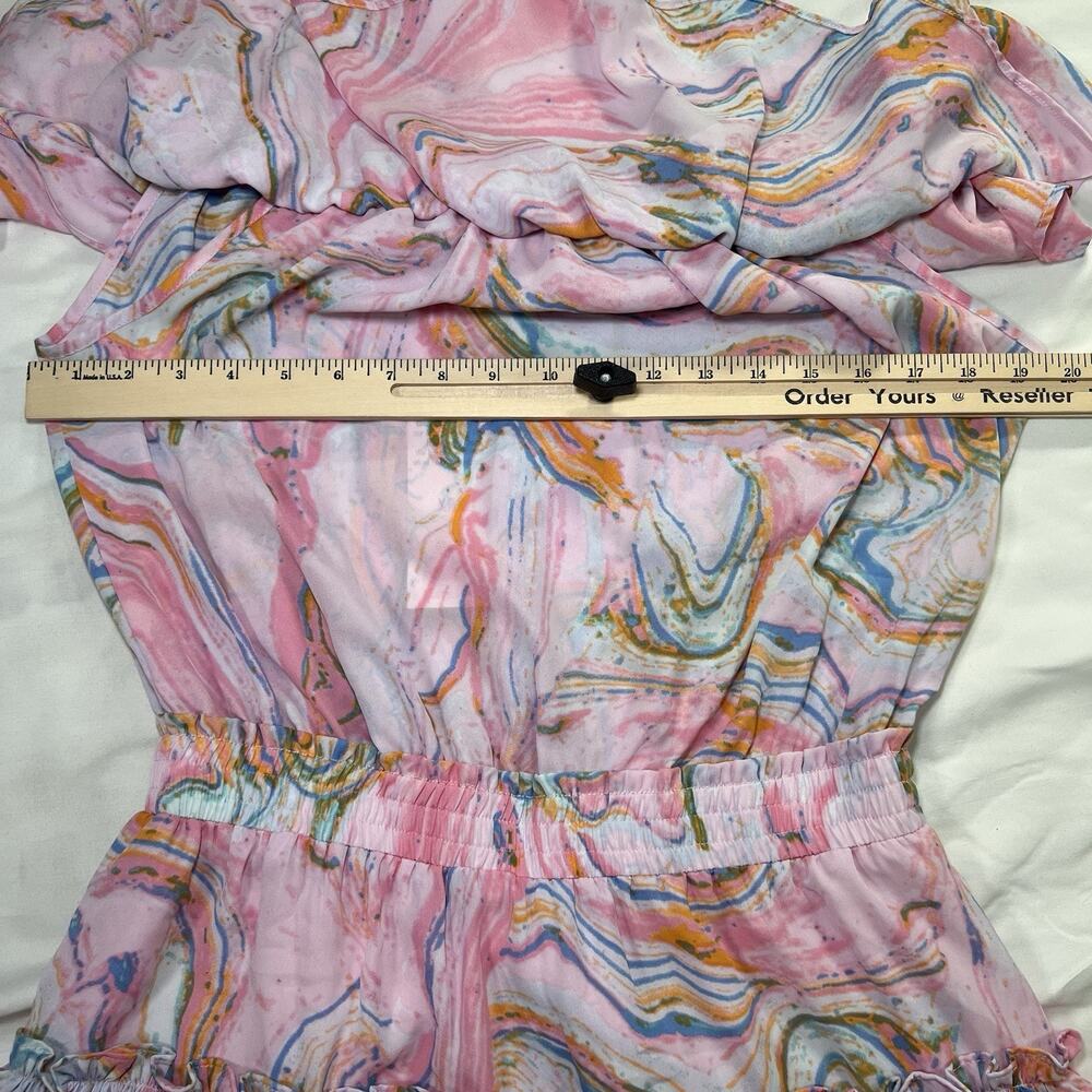 Buddy Love Dress Size M Pink Swirl Off Shoulder Smocked Waist Chiffon Mini NWT - Picture 5 of 12